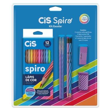 Imagem de Kit Escolar CIS Spiro 7 peças - 2 canetas esferográficas, 2 lápis pretos HB, 1 borracha, 1 apontador e 1 caixa de lápis de cor 12 cores, Violeta
