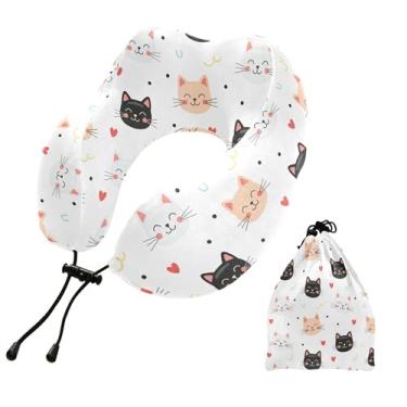 Imagem de Burbuja Travesseiro de pescoço de rosto de gato para viagem, almofada de viagem de espuma viscoelástica para dormir, suporte de cabeça de avião de carro, lavável na máquina e portátil