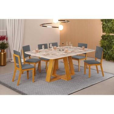 Imagem de Conjunto: Mesa de Cozinha Celeste c/ Tampo Madeirado Retangular 170x90cm e 6 Cadeiras Talia Cedro/Quartzo - Suede Lunar - DJ Móveis
