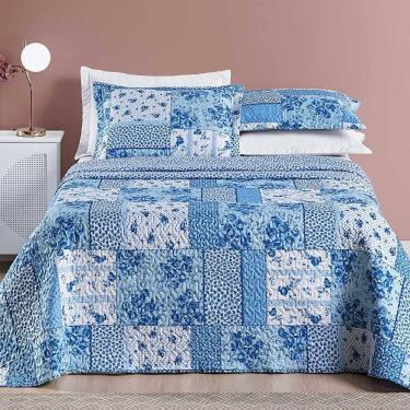 Imagem de Kit Cobre Leito Colcha Dallas King Dupla Face Estampada 3 Peças - Azul Sereno Patchwork