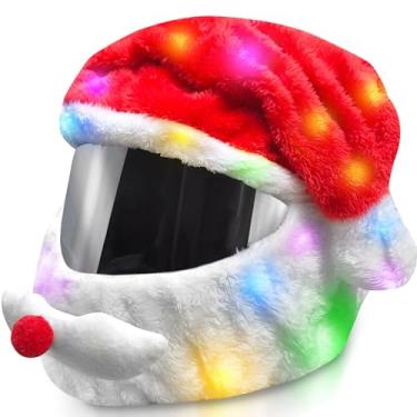 Imagem de BUAEL Capa de capacete de motocicleta de Natal extragrande para decoração de chapéu de Natal 76 x 40 cm, capa de capacete de presépio, acessórios de chapéu de Natal de Papai Noel com luz para homens