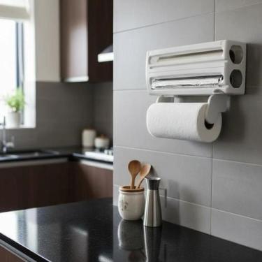 Imagem de Suporte Porta Papel Toalha Rolo Alumínio Filme Branco Cozinha Prático 