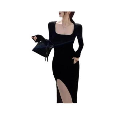 Imagem de Vestido Bodycon Preto Feminino Com Fenda Lateral, Manga Longa, Ajuste 