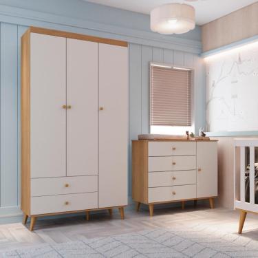 Imagem de Quarto de Bebê Retrô Lígia Cômoda 4 Gavetas com Porta Guarda Roupa 3 Portas Off White Carolina Baby