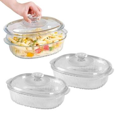 Imagem de Kit 2 Travessa Assadeira Redonda Vidro Com Tampa 1,8l Forno Legumes Sa