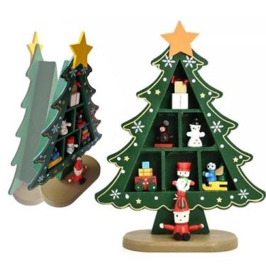 Imagem de Avore Natal Madeira Natalina Boneco Neve Papai Noel Enfeite Mesa Sala 