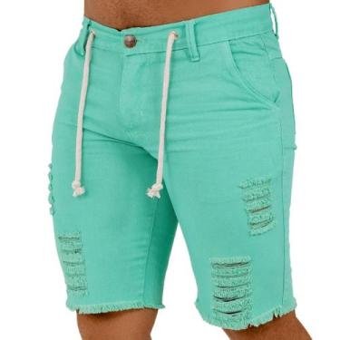 Imagem de Bermuda Jeans Masculino Casual Verde Água Com Cordão Modelo Detonado M