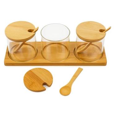 Imagem de Jogo 3 Potes De Vidro Boro Colher Tampa Suporte Bambu 300ml - Kitchen