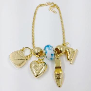 Imagem de Pulseira Feminina Folheada a Ouro com Pingentes Delicados de Bolsa, Sa