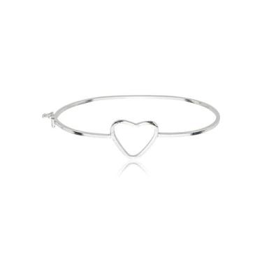 Imagem de Bracelete Prata 925 Legítima Coração Vazado Rígido Feminino Fina Elega