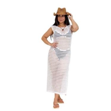 Imagem de Saída de Praia Vestido Longo de Tricô Branco Fenda Lateral Moda Verão 