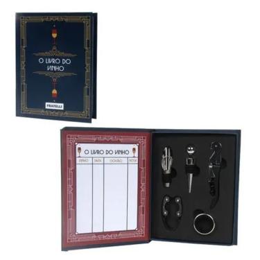 Imagem de Kit para Vinho o Livro do Vinho Completo 5 Peças com Saca-Rolhas Anel Salva-Gotas e Tampa Fratelli