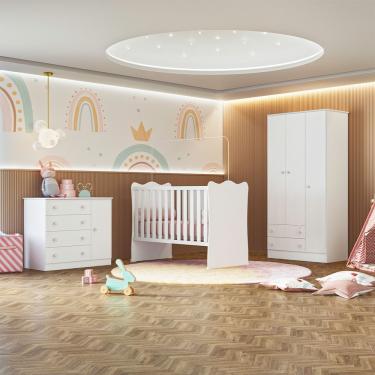 Imagem de Quarto Infantil Doce Sonho Berço Cômoda Guarda Roupa 3 Portas 2 Gavetas MDP TAMANHO 120CM Branco Qmovi