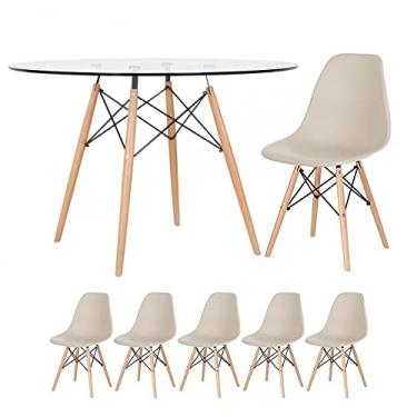 Imagem de Loft7, Kit - Mesa Eames com tampo de vidro 120 cm + 5 cadeiras Eiffel Dsw Nude