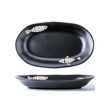 Imagem de Prato de macarrão, prato de jantar chinês de cerâmica pintado à mão para uso doméstico, porcelana, prato longo de peixe de 30,48 cm, prato de jantar oval