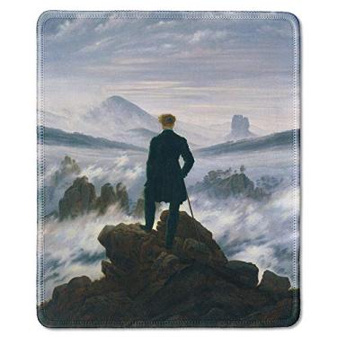 Imagem de dealzEpic - Tapete de rato artístico - Tapete de rato de borracha natural com pintura famosa de The Wanderer Above The Sea of Fog por Caspar David Friedrich - Bordas costuradas - 24 x 20 cm