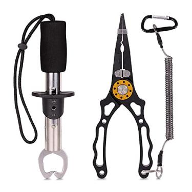 Imagem de Alicate de pesca Peixe Lip Gripper Conjunto de ferramentas de pesca com mosca Equipamento de pesca no gelo para anel dividido, removedor de ganchos, ferramenta de crimpagem e cortador de linha para homens, preto, 3 peças