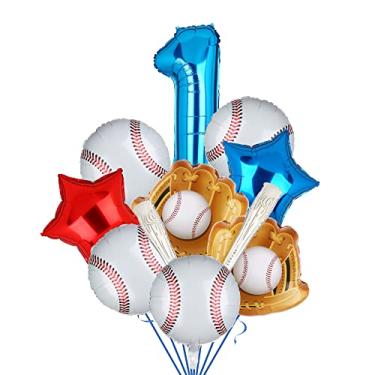 Imagem de 1º conjunto de balões de beisebol decoração de festa de aniversário conjunto de balões de alumínio material de primeira festa de aniversário luva com tema de bastão de beisebol redondo balão de Mylar para meninos azul novato do ano