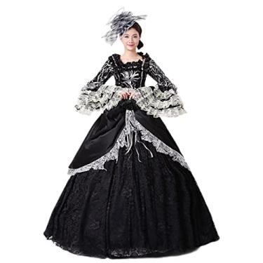 Imagem de CountryWomen Vestido de dama de honra renascentista gótica vestido de baile traje de teatro (feito sob encomenda: medidas (busto, cintura, quadris, altura), preto)