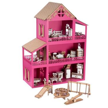 Imagem de Casa Casinha De Boneca Pink Mdf 36 Móveis Parquinho Montada - Vvf Deco