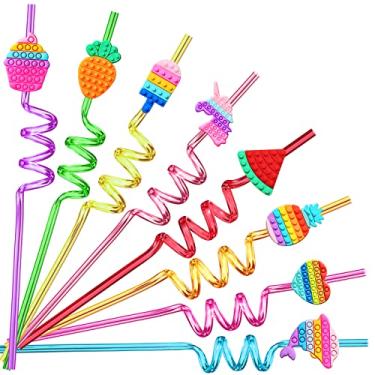 Imagem de 24 canudos de plástico para lembrancinhas de festa de aniversário com 8 desenhos Pop Fidget ótimos para artigos de festa pop com 2 escovas de limpeza