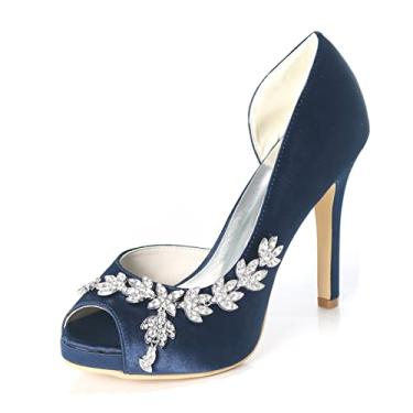 Imagem de Sapatos de noiva de casamento feminino stiletto marfim peep toe cetim sapatos de salto alto com strass 35-42,Dark blue,5 UK/38 EU