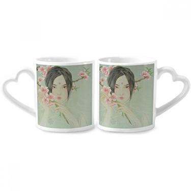 Imagem de Conjunto de canecas de porcelana para casais, aquarela, chinesa, de beleza, flor de pêssego, coração
