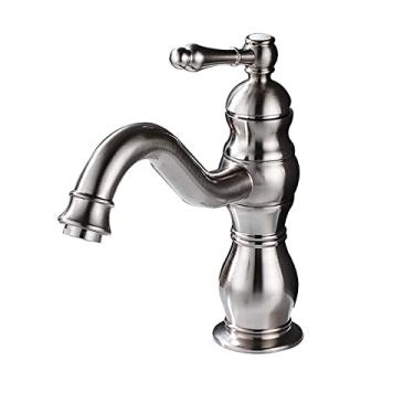 Imagem de Torneira de lavatório de níquel escovado Manípulo único Água quente fria Torneira de banheiro montada no convés Bico longo para lavatório Torneira misturadora, escovada