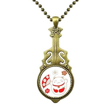 Imagem de DIYthinker Colar de cobre com flor de gato Lucky Fortune Japão, joia antiga com pingente de música