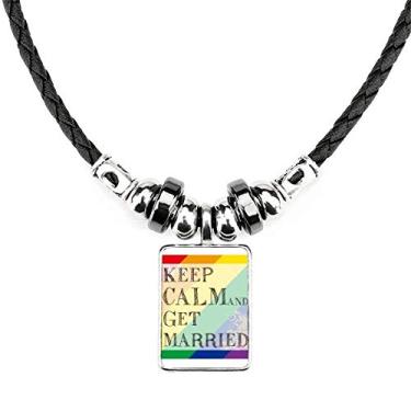 Imagem de DIYthinker LGBT Colar com bandeira de arco-íris Get Married Joias Torque Pingente de corda de couro