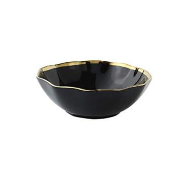 Imagem de JLXZHOME Prato de jantar de cerâmica com aro de ouro preto branco pratos de porcelana bandeja de sobremesa de arroz tigela de sopa colher de mesa, tigela preta de 21,5 cm