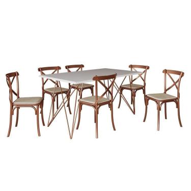 Imagem de Mesa De Jantar Industrial Com 6 Cadeiras Cobre Premium Cobre E Branco 150 Cm - Marrom