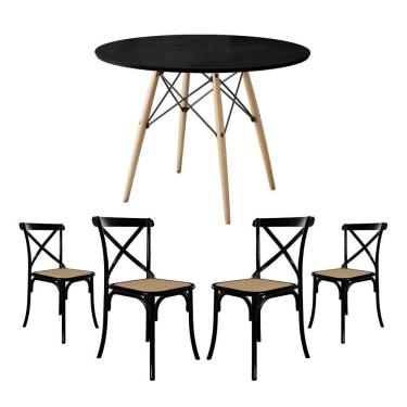 Imagem de Conjunto De Mesa Eiffel Redondo Tampo De Madeira 110Cm Preto Com 4 Cadeiras Katrina Preto