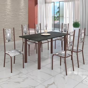 Imagem de Conjunto Sala de Jantar Bahia Mesa Tubo 140x75cm Tampo Pedra Ardósia Indiana com 6 Cadeiras Paraopeba / Marrom