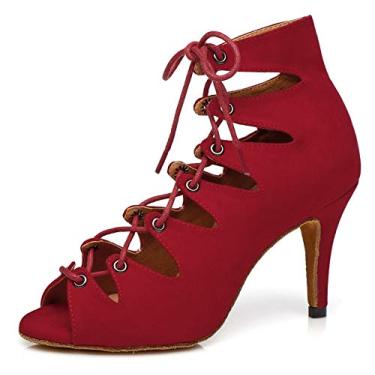 Imagem de Minishion Sandálias femininas de salto alto stiletto com cadarço e bico aberto, sapatos de dança de salão latino para casamento e formatura, Vermelho-8,5 cm salto, 9