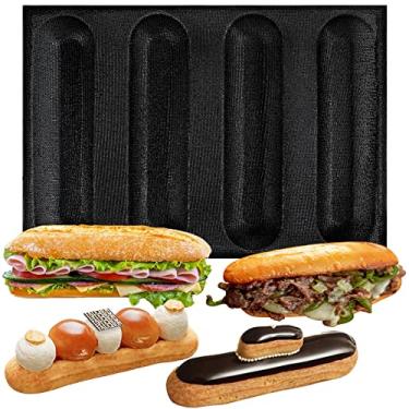 Imagem de Assadeira baguete pão sanduíche cachorro-quente folhas perfuradas Eclair molde de silicone líquido 4 cavidades tamanho gigante por furo 26 x 6,4 x 3,3 cm