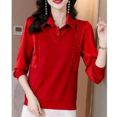 Imagem de Camisas femininas elegantes chiques de strass patchwork para escritório, 2 peças, casual, preto, vermelho, lapela solta e manga comprida, Vermelho, XXXL(67.5-75kg)