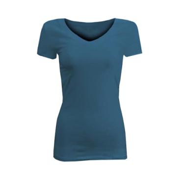 Imagem de Camiseta longa de algodão manga curta gola V, Azul-petróleo, P