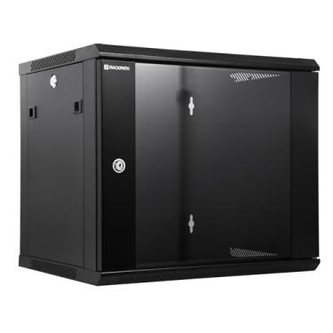 Imagem de RackPath Suporte de parede de desempenho 9U para servidor, suporte de parede, rack de rede, ventilador de refrigeração silencioso, porta de vidro com trava, preto