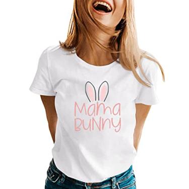 Imagem de PKDong Camisetas femininas de Páscoa com estampa de mamãe coelhinho, estampa de letras fofas de Páscoa, manga curta, gola redonda, coelho, camisetas, Branco, XXG