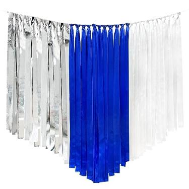 Imagem de Fundo de serpentina de decoração de festa branco prata azul marinho 40 m × 1,246 cm de largura fita de cetim franja guirlanda pendurada para aniversário, casamento, chá de noiva, despedida de solteira, suprimentos de festa náutica