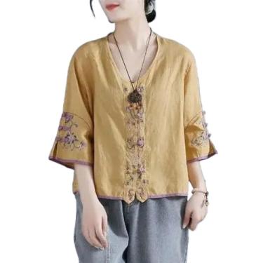 Imagem de JYHBHMZG Camisa de algodão retrô bordada com botão de nó feminino verão chinês zen vestido de chá solto curto gola V top, Amarelo, M