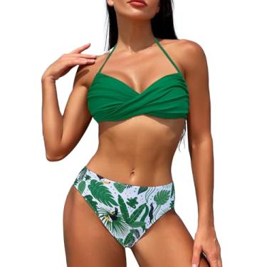 Imagem de Biquíni feminino, cintura alta, floral, alças ajustáveis, duas peças, Verde + folha verde, M