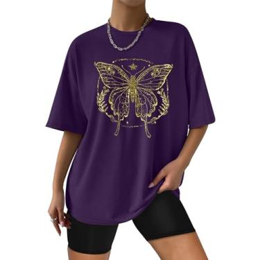Imagem de KIDDAD Camisetas femininas fashion com estampa de borboleta, gola redonda, manga curta, casual, fofa, Estampa de borboleta roxa, M