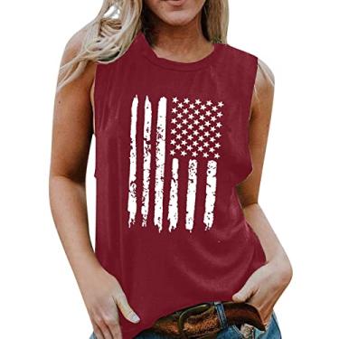 Imagem de Camiseta regata feminina de verão para dia independente 4 de julho, camiseta com estampa da bandeira dos EUA, casual, camiseta para sair, Vinho, GG