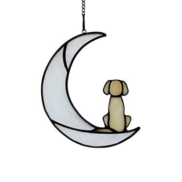 Imagem de EPONOLOGY Presentes de memorial de cães para amantes de cães, decoração de cachorro na lua, vitral pendurado, apanhador solar para perda de janela, presente de simpatia de cães, presentes de perda de