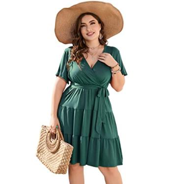 Imagem de KOJOOIN Vestido feminino plus size com decote em V, cintura alta, manga curta, babados, casual, verão, midi com cinto, Mangas curtas verde-escuro, 3G