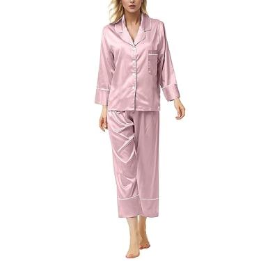 Imagem de Lainuyoah Pijama feminino de manga comprida e calça de botão, conjunto de pijama clássico com gola V e 2 peças, D #bege, GG