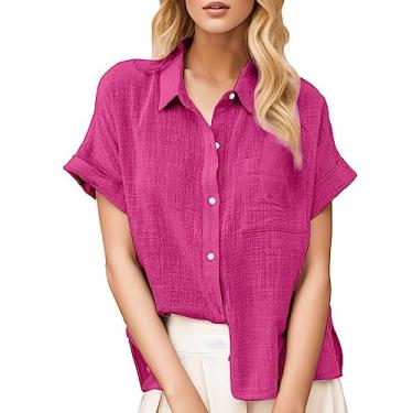 Imagem de Camiseta feminina de verão, de linho, manga curta, cor sólida, caimento solto, gola V, abotoada, Rosa choque, P