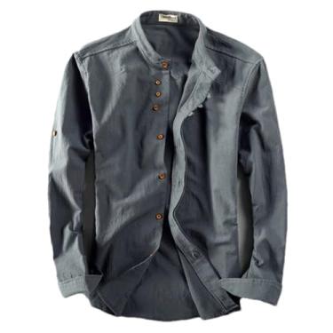 Imagem de Camisa masculina primavera japonesa estilo vintage algodão linho gola alta slim fit simples design simples camisas casuais, Cinza escuro, P